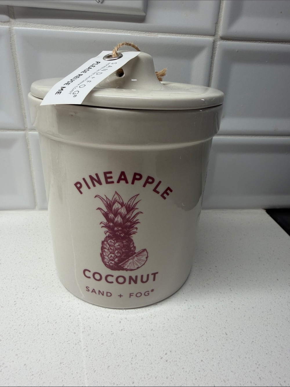 Sand + Fog Pineapple Coconut Ceramic Canister Candle - Cream with Maroon Print